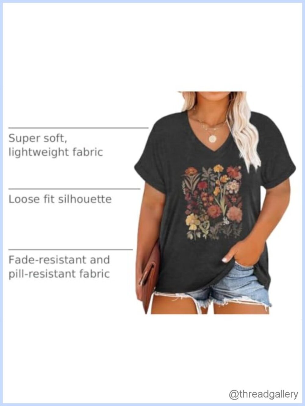 Plus Size Oversized Graphic Tee V-Neck Short Sleeve Summer T-Shirt - Picture 3 of 6